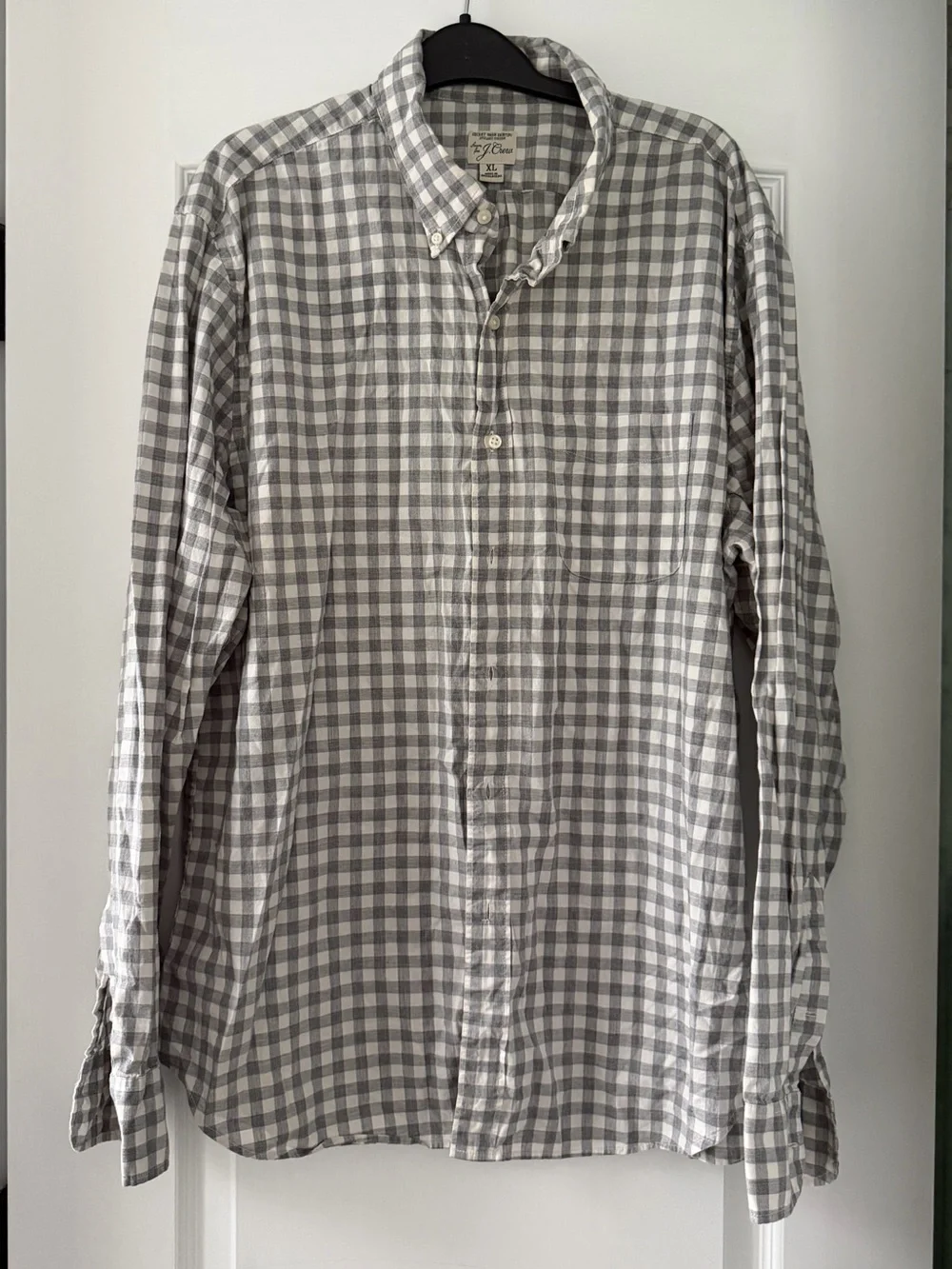 J.Crew Secret Wash Gingham Organic Cotton Button Down Shirt Gray White XL